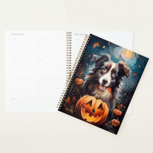 Halloween Australian Shepherd With Pumpkins Scary Planner