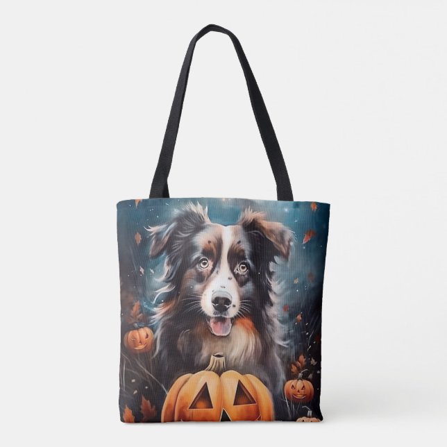 Halloween Australian Shepherd With Pumpkins Scary Tote Bag (Back)