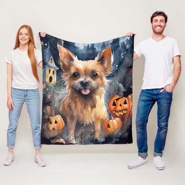 Halloween Australian Terrier With Pumpkins Scary  Fleece Blanket (In Situ)