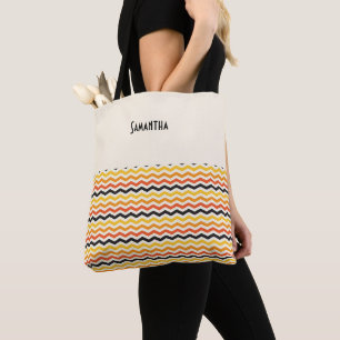 Halloween Autumn Chevron Fall Colours White Name Tote Bag