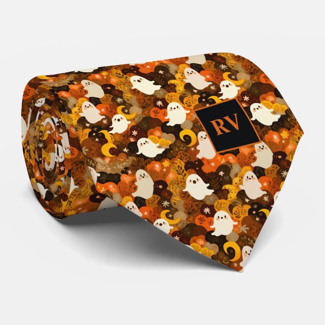 Halloween Autumn Ghost Monogrammed Tie (Rolled)