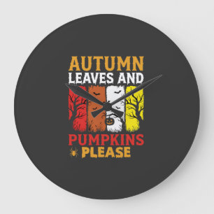 Halloween Autumn Leaves and Pumpkins Vintage Desig Large Clock
