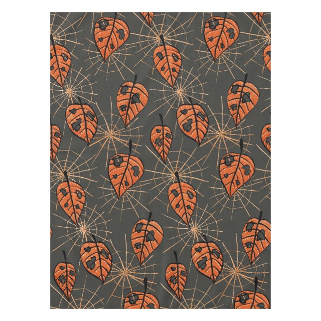Halloween Autumn Leaves and Spiderwebs Tablecloth (Front)