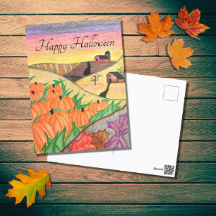 Halloween Autumn Pumpkins Folk Art Harvest   Holiday Postcard