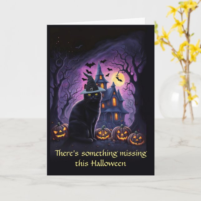 Halloween Away at College Cute Witchy Cat Card (Yellow Flower)