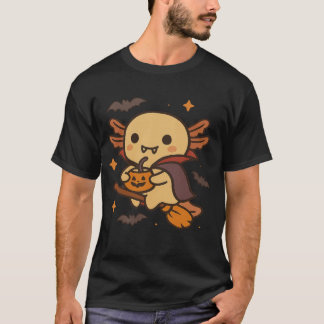 Halloween Axolotl Witch Broom Kawaii Ghost Pumpkin T-Shirt