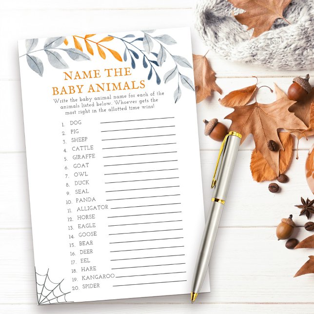 Halloween Baby Animals Baby Shower Game (Baby Animals halloween themed baby shower game with fall leaves and cobweb)