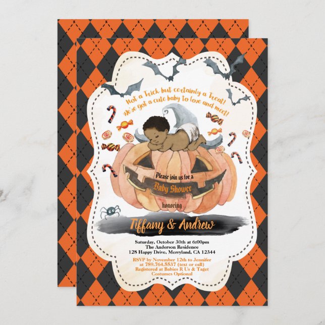 Halloween baby boy shower pumpkin spooky invitation (Front/Back)