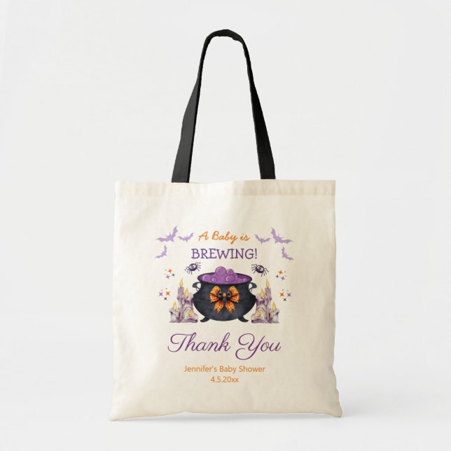 halloween baby brewing baby shower thank you cute tote bag (Front)