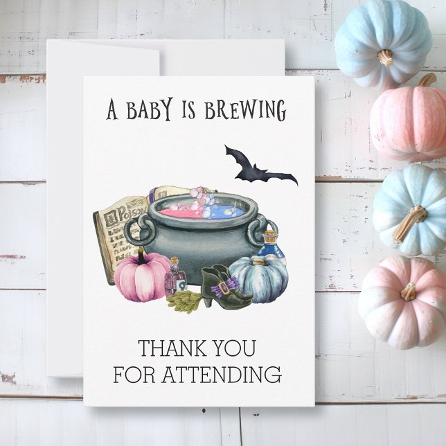 Halloween Baby Brewing Witch Gender Reveal   Thank You Card (Creator Uploaded)