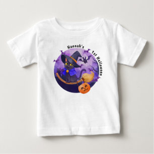 Halloween Baby Cute Cat Witch Personalised Name T-Shirt