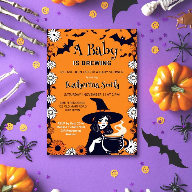 Halloween baby shower baby is brewing invitation (Halloween baby is brewing baby shower template invitation instant download cute witch bats retro)