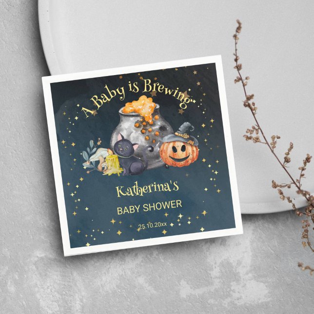 Halloween baby shower baby is brewing napkin (Halloween baby is brewing baby shower tableware personalized napkins starry night brewing pot pumpki)