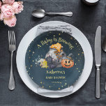Halloween baby shower baby is brewing paper plate<br><div class="desc">Halloween cute baby ghost pumpkin brewing pot baby shower tableware personalised party plates. A cute baby pumpkin ghost with a cat candle,  mushroom and a huge pot watercolor  candy candles on a dark starry night background for Halloween themed baby shower.</div>