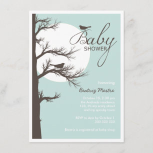 Halloween Baby Shower Blue Brown Bird Tree Moon Invitation