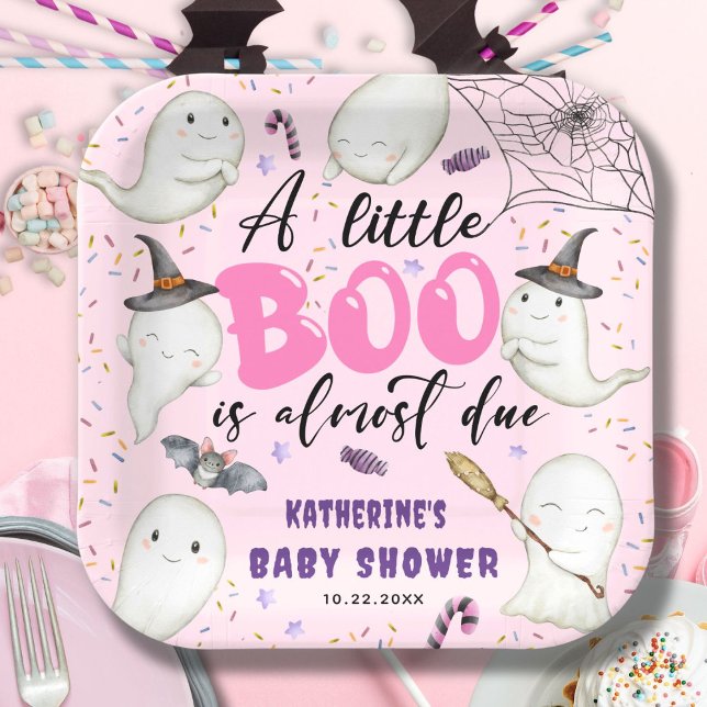 Halloween Baby Shower Girl Pink Little Boo Ghosts Paper Plate (Creator Uploaded)