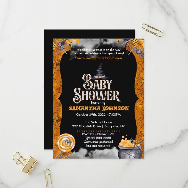 Halloween Baby Shower Invitation Postcard (Front/Back In Situ)