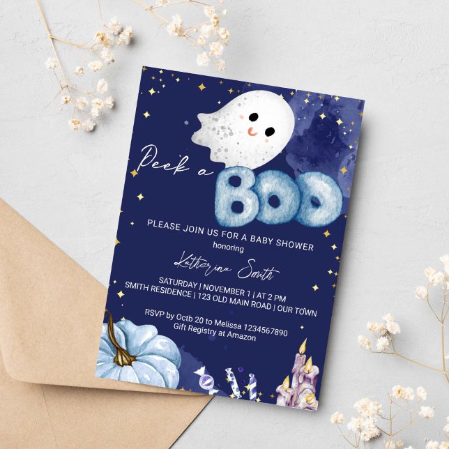 Halloween baby shower peek a boo cute baby ghost  invitation (Peek a boo Halloween baby shower invitation instant download cute baby ghost pumpkin navy blue)