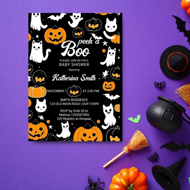 Halloween baby shower peek a boo cute cat ghosts  invitation (Peek a boo Halloween baby shower template invitation digital download cute cat baby ghosts pumpkins)
