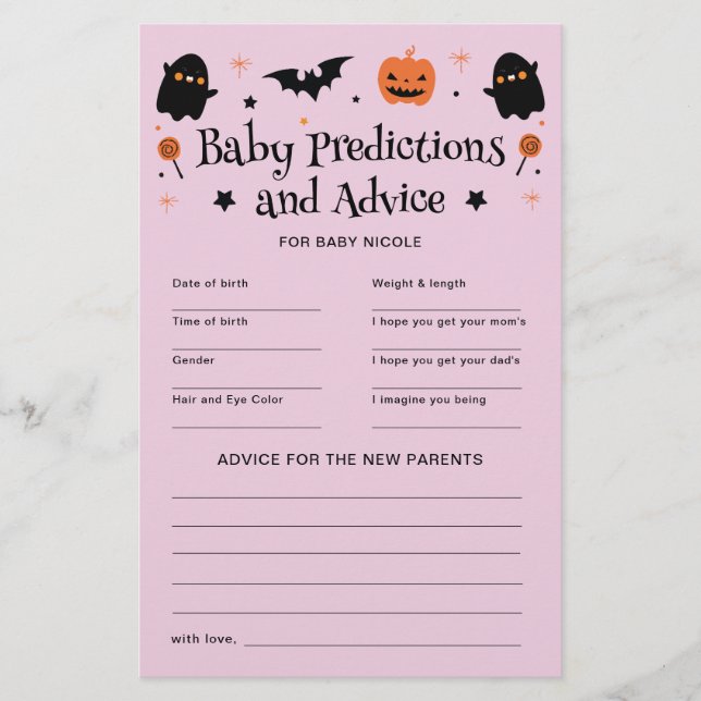 Halloween Baby Shower Predictions Advice Game (Front)
