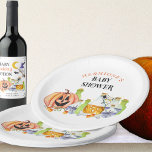 Halloween Baby Shower Pumpkin and Potions Paper Plate<br><div class="desc">Halloween baby shower party plates - perfect for a baby is brewing and baby making potion themes! Watercolor design featuring a cute pumpkin, magic potions, and spider webs. "Baby Shower" is lettered in spooky cobweb typography and you can personalise the name. Fun whimsical halloween themed invite for your an October...</div>