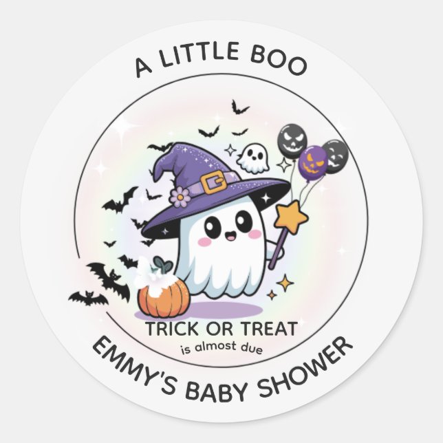 Halloween Baby Shower Round Sticker – A Little Boo (Front)