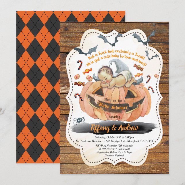 Halloween baby shower rustic pumpkin invitation (Front/Back)