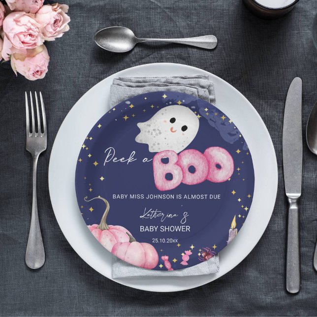 Halloween baby shower tableware cute peek a boo paper plate (Halloween peek a boo baby shower tableware personalized plates cute pink baby ghost starry night)