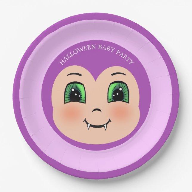 Halloween baby vampire on violet party paper plate (Front)