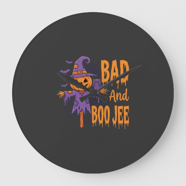 Halloween Bad And Boo Jee Scarecrow Graphic Large Clock (Front)