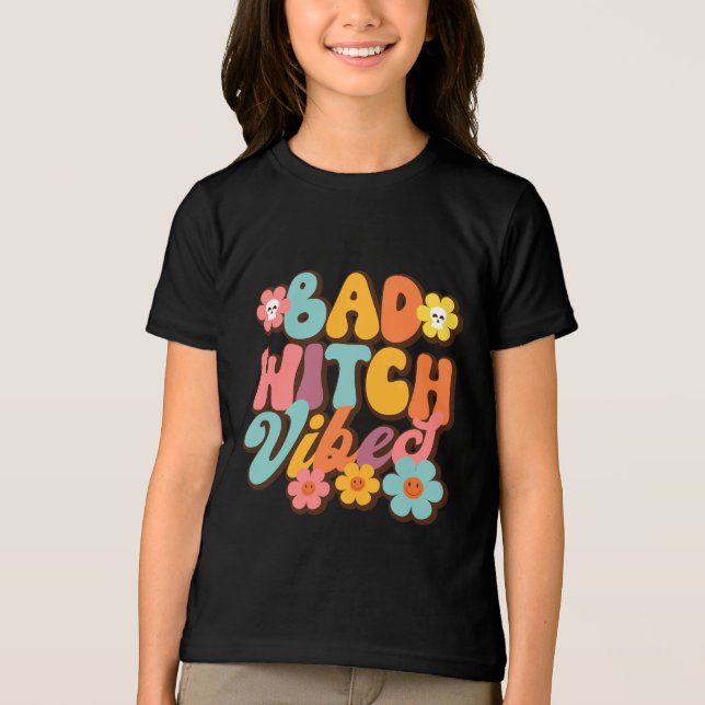 Halloween Bad Witch Vibes Retro Groovy Typography Tri-Blend Shirt (Front)