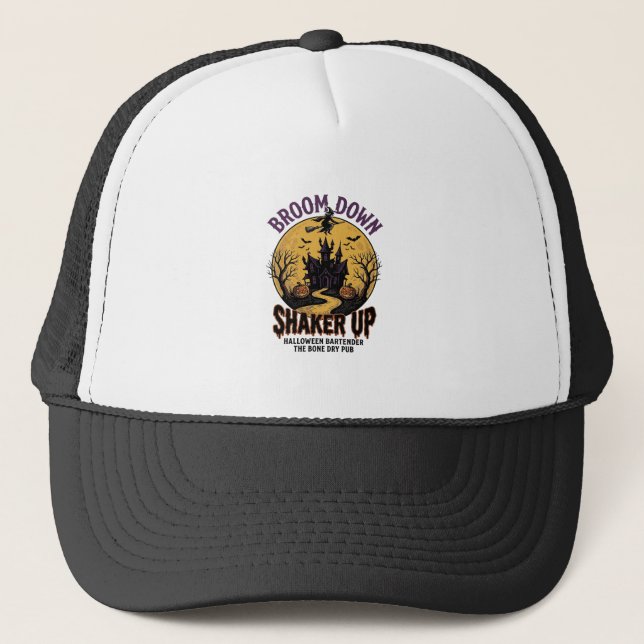 Halloween Bartender Shirt Haunted Tavern Witch Des Trucker Hat (Front)