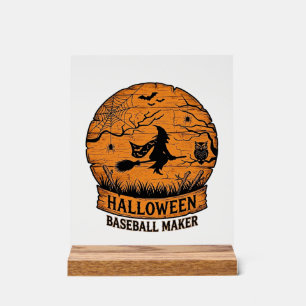 Halloween Baseball Maker Flying Witch Wooden Moon Acrylic Sign