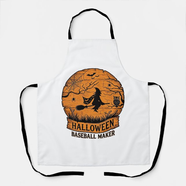 Halloween Baseball Maker Flying Witch Wooden Moon  Apron (Front)