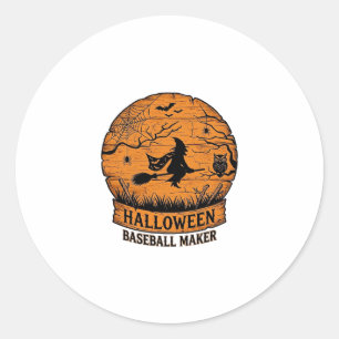 Halloween Baseball Maker Flying Witch Wooden Moon  Classic Round Sticker
