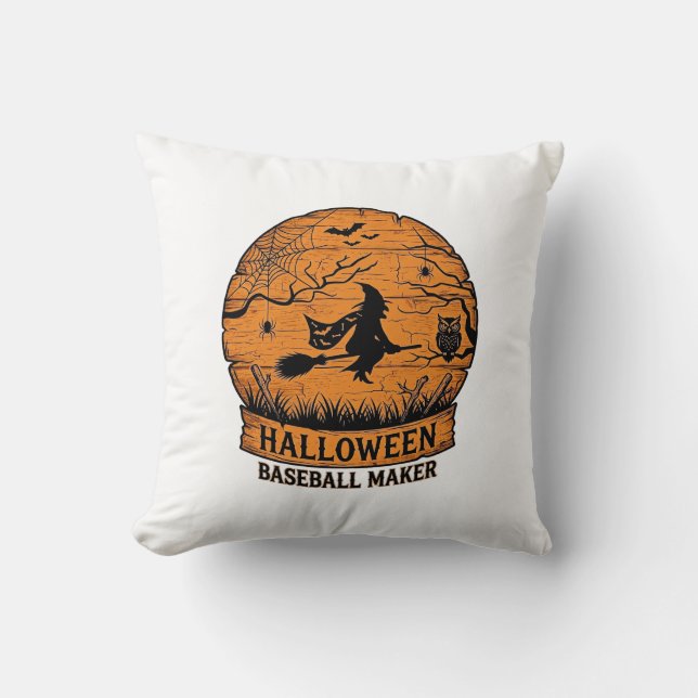 Halloween Baseball Maker Flying Witch Wooden Moon  Cushion (Front)