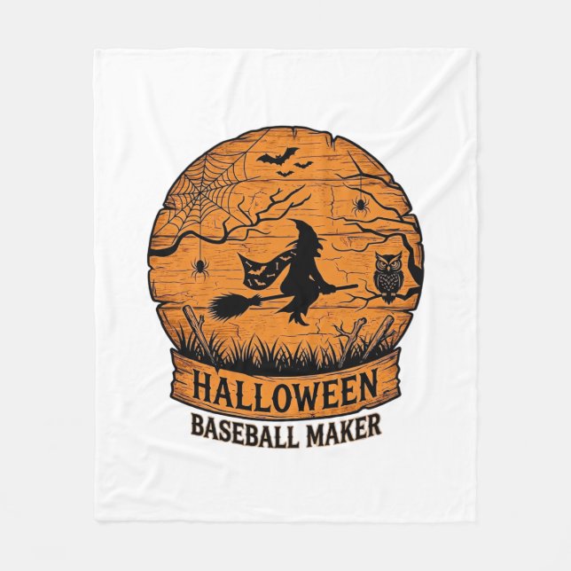 Halloween Baseball Maker Flying Witch Wooden Moon  Fleece Blanket (Front)