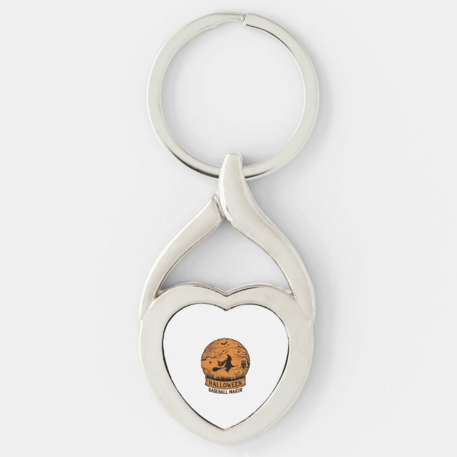 Halloween Baseball Maker Flying Witch Wooden Moon  Key Ring (Front)