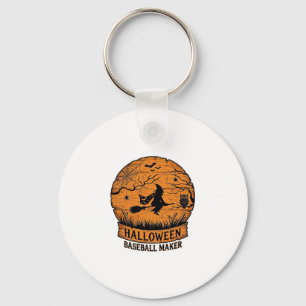 Halloween Baseball Maker Flying Witch Wooden Moon Key Ring