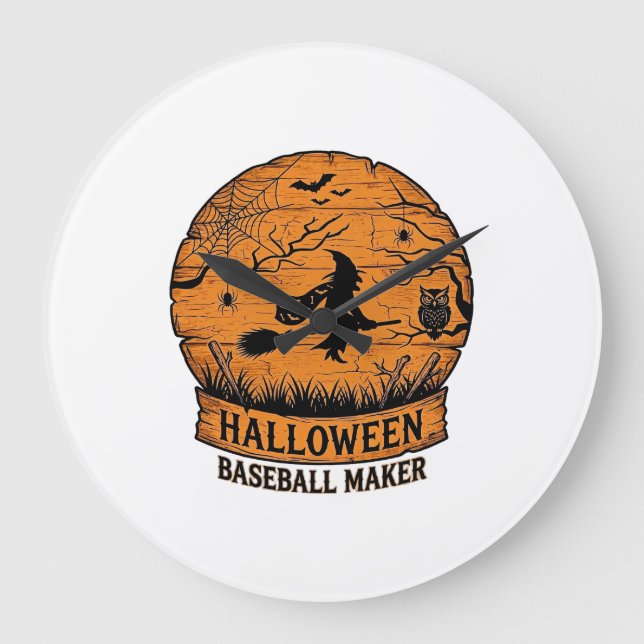 Halloween Baseball Maker Flying Witch Wooden Moon  Large Clock (Front)