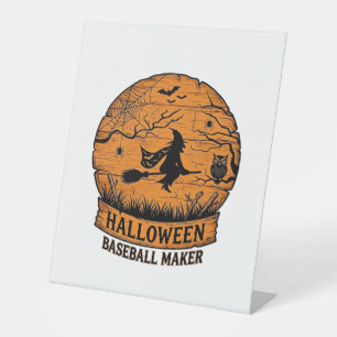 Halloween Baseball Maker Flying Witch Wooden Moon Pedestal Sign