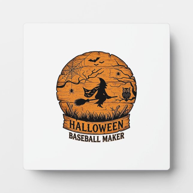 Halloween Baseball Maker Flying Witch Wooden Moon  Plaque (Front)