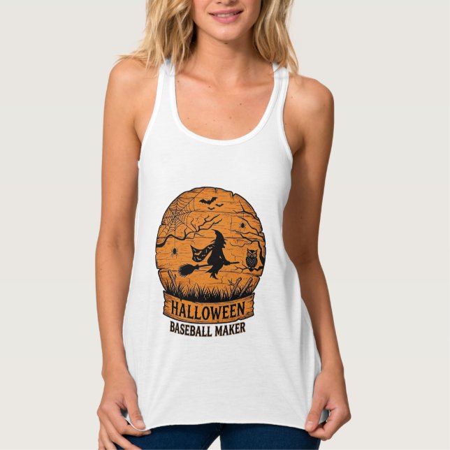 Halloween Baseball Maker Flying Witch Wooden Moon  Singlet (Front)