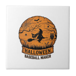 Halloween Baseball Maker Flying Witch Wooden Moon Tile