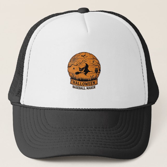 Halloween Baseball Maker Flying Witch Wooden Moon  Trucker Hat (Front)