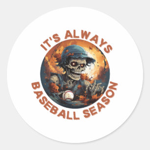 Halloween baseball player skeleton scary home run classic round sticker