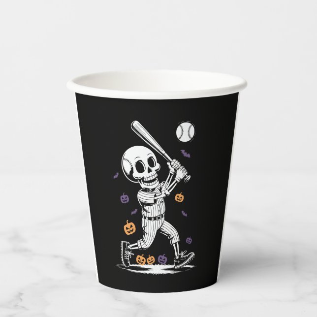Halloween Baseball Skeleton Hitting Paper Cups (Front)
