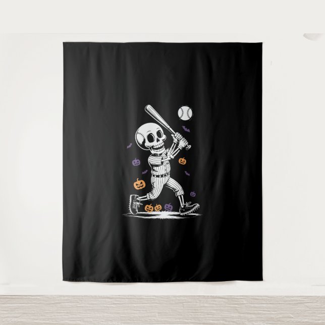 Halloween Baseball Skeleton Hitting Tapestry (Front)