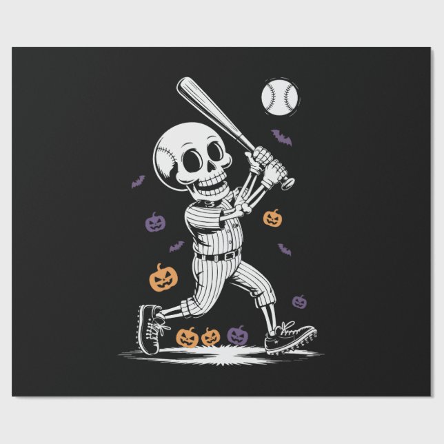 Halloween Baseball Skeleton Hitting Wrapping Paper (Flat)