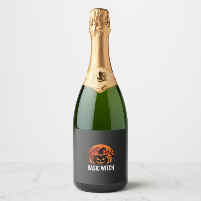 Halloween Basic Witch Pumpkin Moon Graphic Sparkling Wine Label (Front)